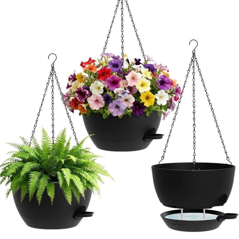 UOUZ Set of 3-10 Inch Self Watering Hanging Planters for Indoor & Outdoorï¼ŒHanging Plant Pots with Drainage & Removable Tray, Hanging Pots Holder for Ivy, Spider Plants, Ferns, Balcony & Patio, Black - Image 1