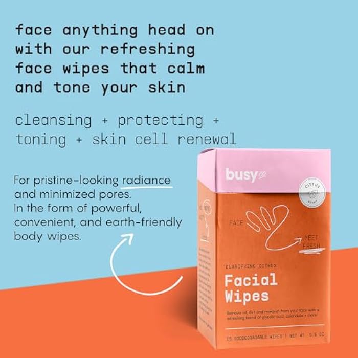 BUSYCO Refresh Face Wipes – Individual Cleaning Facial Wipe Singles- Moist Towelettes Individually Wrapped – After Workout & Travel – Fresh Citrus - AHA/BHA, Clover & Calendula - Image 3