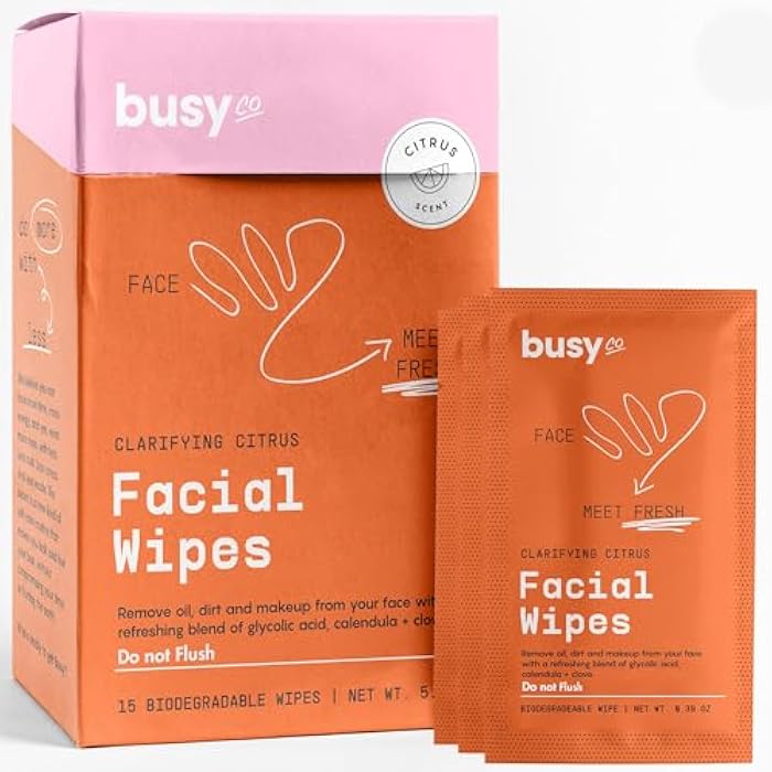 BUSYCO Refresh Face Wipes – Individual Cleaning Facial Wipe Singles- Moist Towelettes Individually Wrapped – After Workout & Travel – Fresh Citrus - AHA/BHA, Clover & Calendula - Image 1