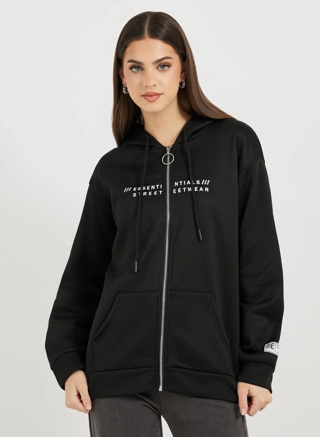 Styli Slogan Print Zip Up Hooded Sweatshirt