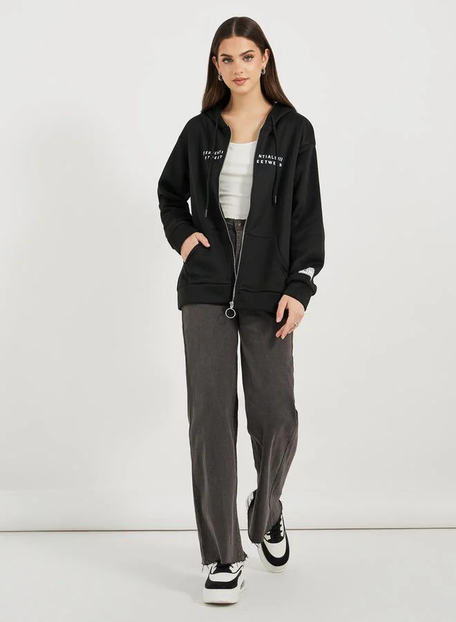 Styli Slogan Print Zip Up Hooded Sweatshirt