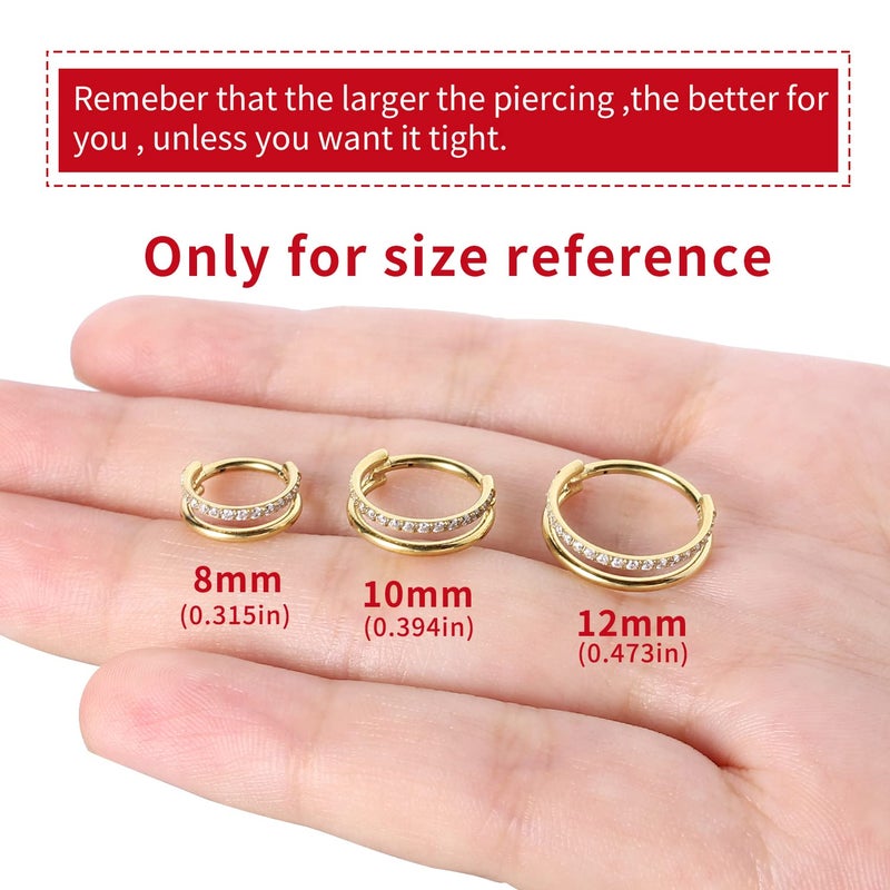VOJO G23 Titanium 16G Cartilage Septum Hoop Piercing Jewelry Double Row Plated CZ Beads Conch Nose Rings Tragus for Women Men Girls (12mm/0.472in, Gold CZ) - Image 3