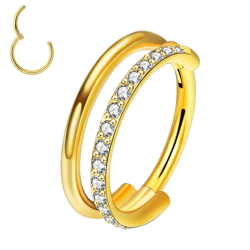 VOJO G23 Titanium 16G Cartilage Septum Hoop Piercing Jewelry Double Row Plated CZ Beads Conch Nose Rings Tragus for Women Men Girls (12mm/0.472in, Gold CZ) - Image 1
