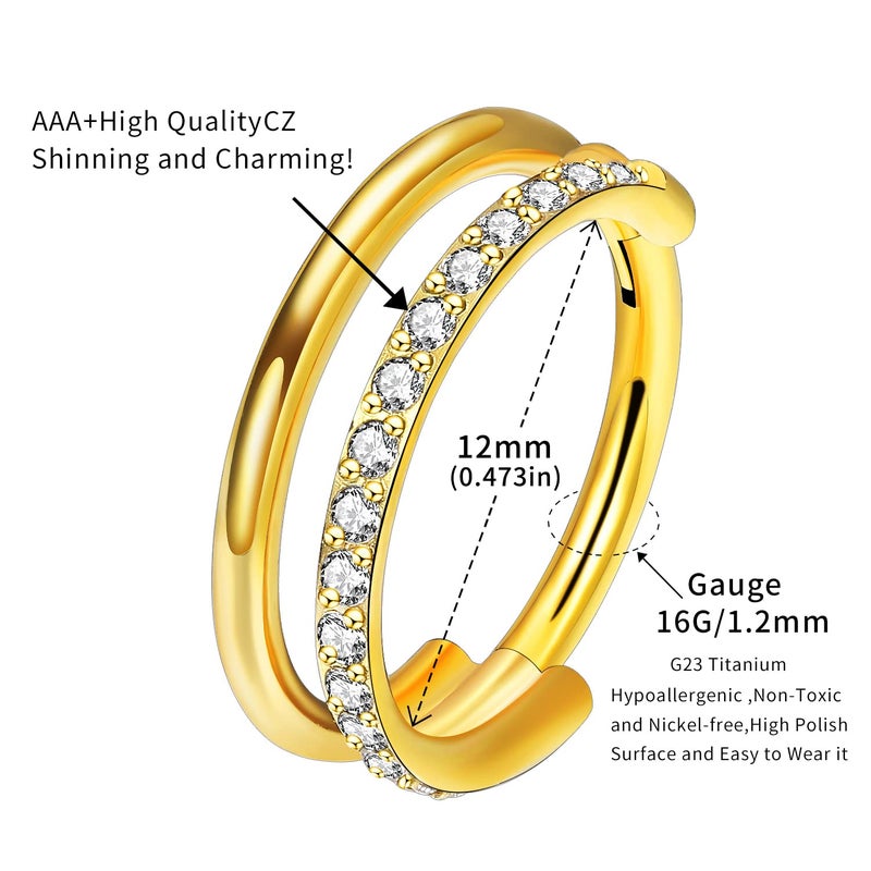 VOJO G23 Titanium 16G Cartilage Septum Hoop Piercing Jewelry Double Row Plated CZ Beads Conch Nose Rings Tragus for Women Men Girls (12mm/0.472in, Gold CZ) - Image 2