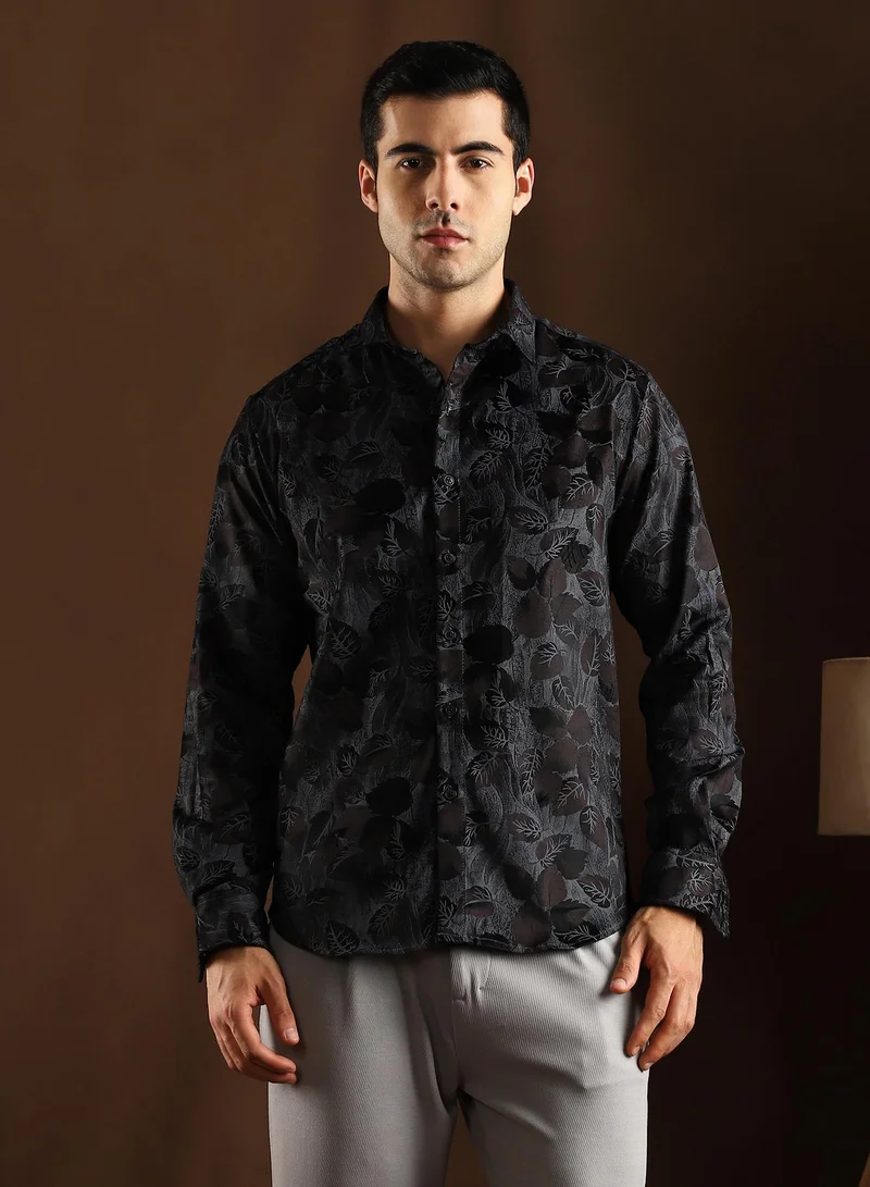 كامبوس سوترا قميص كامبس سوترا رجالي أسود ليلي بنقشة أوراق شجر كاجوال بياقة عادية وأكمام طويلة بأزرار