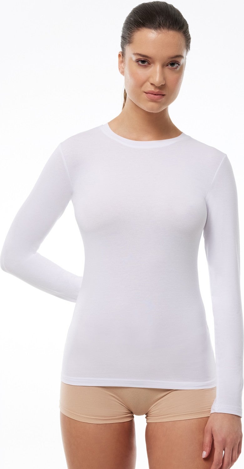 Malabadi Women's White Round Neck Long Sleeve Modal Bodysuit 182  - Image 1