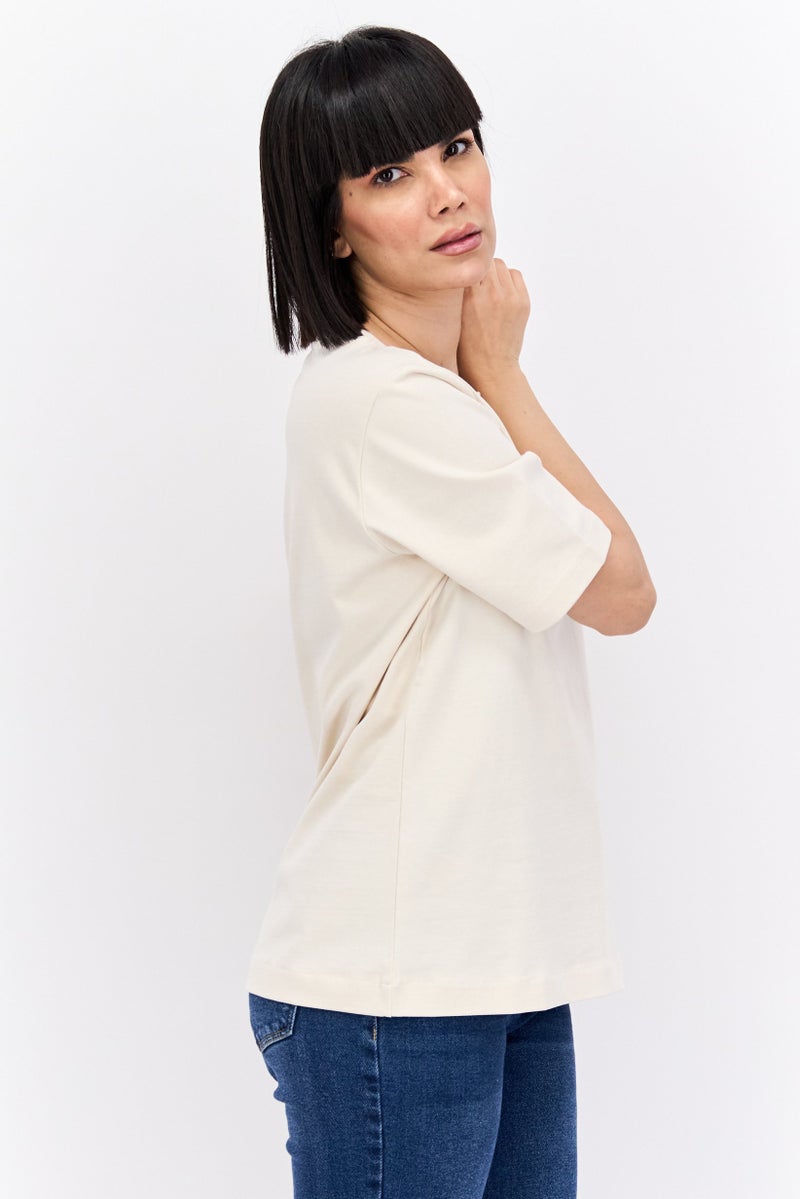 NAH/ Studio Women Round Neck Short Sleeves Plain T-Shirt, Beige - Image 3