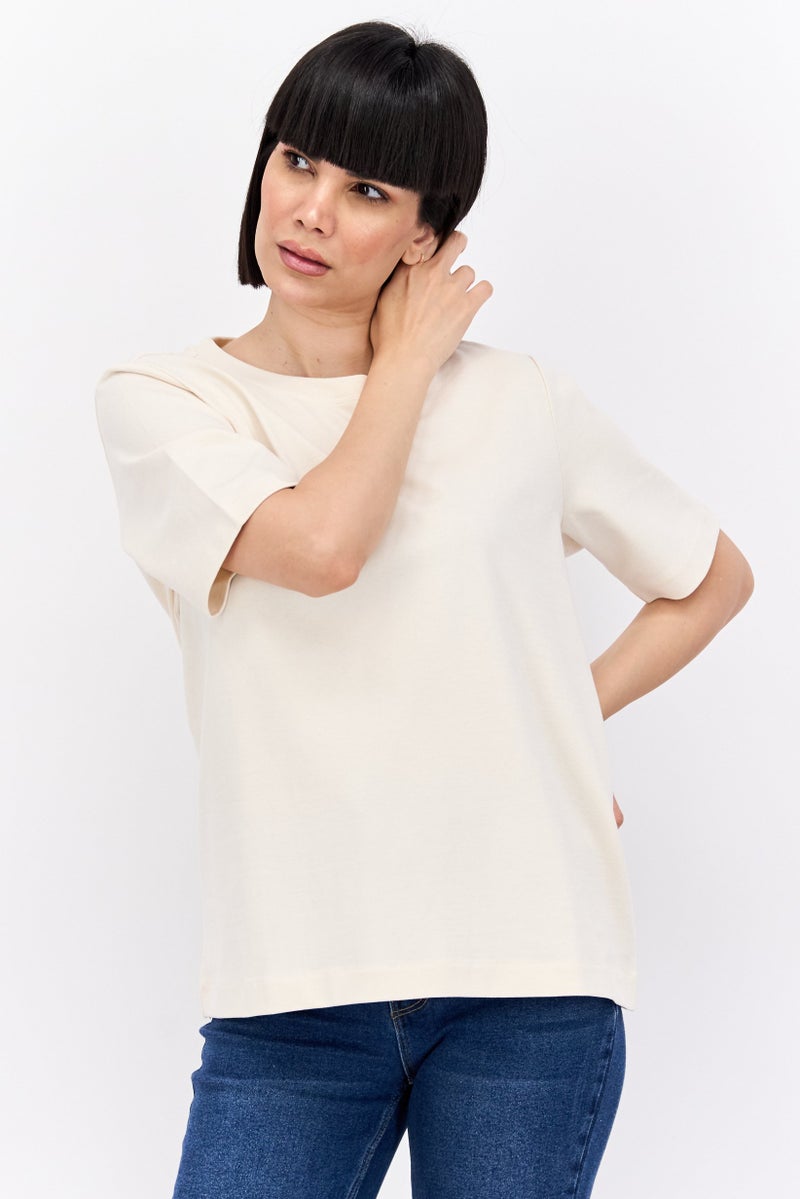 NAH/ Studio Women Round Neck Short Sleeves Plain T-Shirt, Beige - Image 1