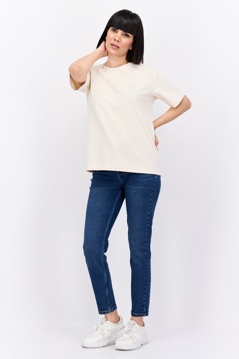 NAH/ Studio Women Round Neck Short Sleeves Plain T-Shirt, Beige - Image 2