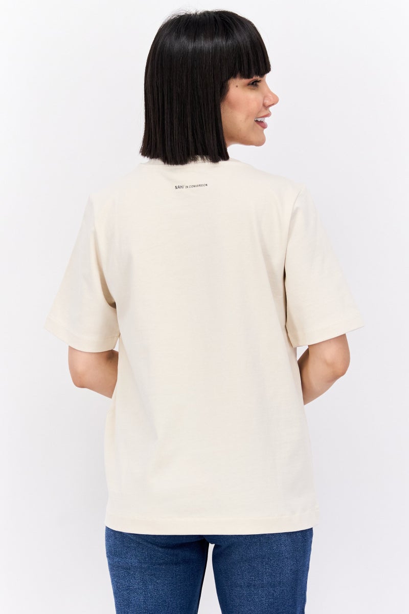 NAH/ Studio Women Round Neck Short Sleeves Plain T-Shirt, Beige - Image 4