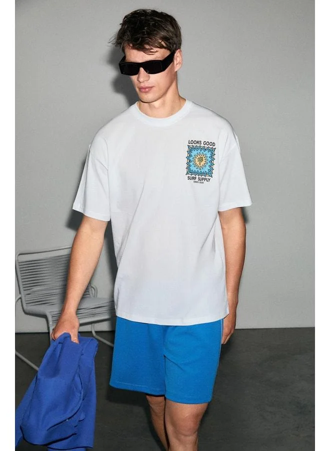 GRIMELANGE FUENTES Men's 100% Organic Cotton Round Neck Printed Detailed White T-Shirt.