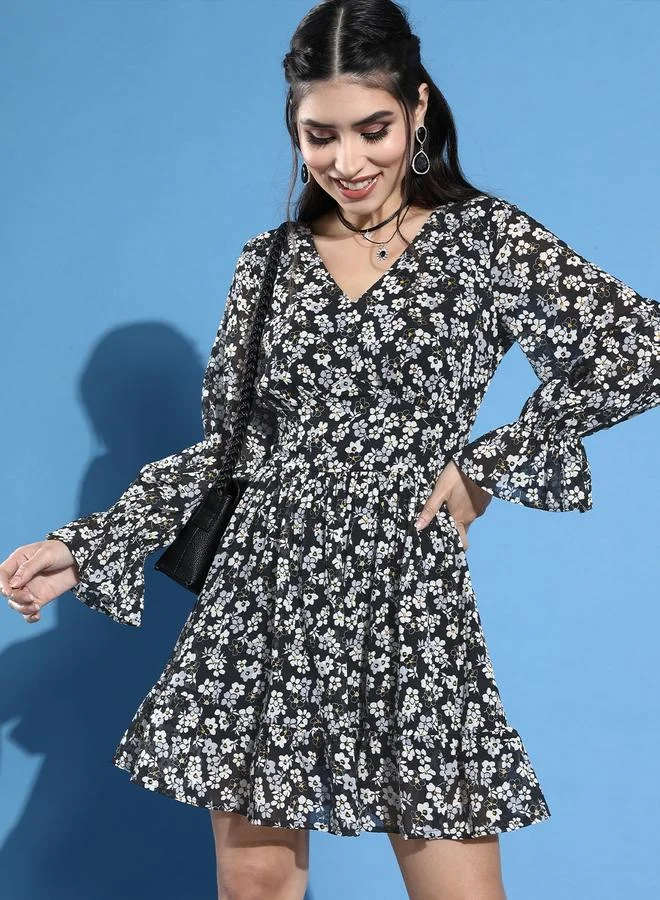 STREET 9 STREET 9 Black Floral Skater Mini Dress