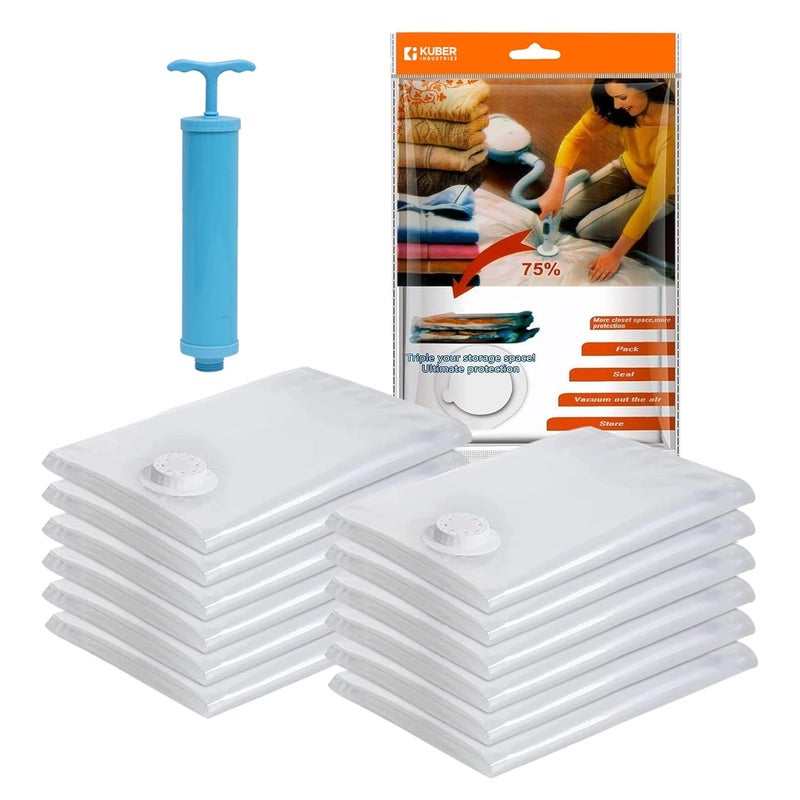 Kuber Industries Vacuum Storage Bags Travel Space Saver Seal Bags Vacuum Bags Bags for Clothes with Hand Pump 50x70 Pack of 12 Transparent - Image 1