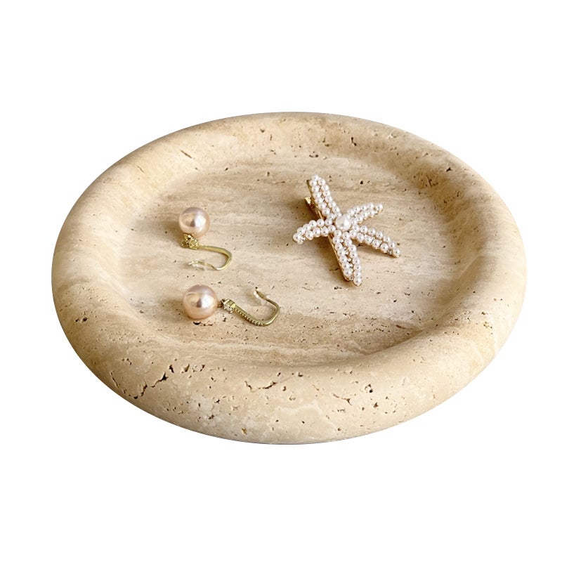SAIDKOCC Natural Marble Round Vanity Tray Jewelry Makeup Dish Decorative Tray for Coffee TableBathroomBedroom Beige Travertine