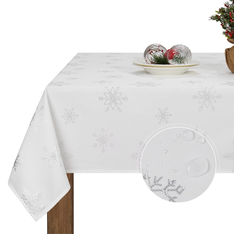 Christmas Tablecloth Silver Snowflake Table Cloth Xmas Tablecloths for Dining Kitchen Winter Holiday Waterproof Table Cover for Party Home Decor Sparkling White Rectangle 57 x 120 inch