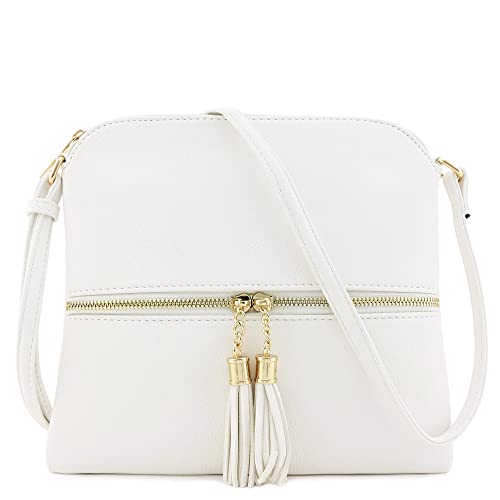 DELUXITY Lightweight Medium Crossbody Bag with Tassel (White) - Image 1