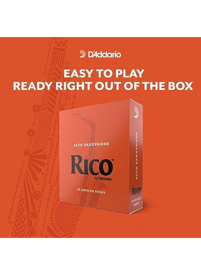 RICO - D'Addario  Saxophone Reeds - Reeds for Alto Saxophone - Thinner Vamp Cut for Ease of Play, Traditional Blank for Clear Sound, Unfiled for Powerful Tone - 2.5 Strength- 10-Pack - Image 1