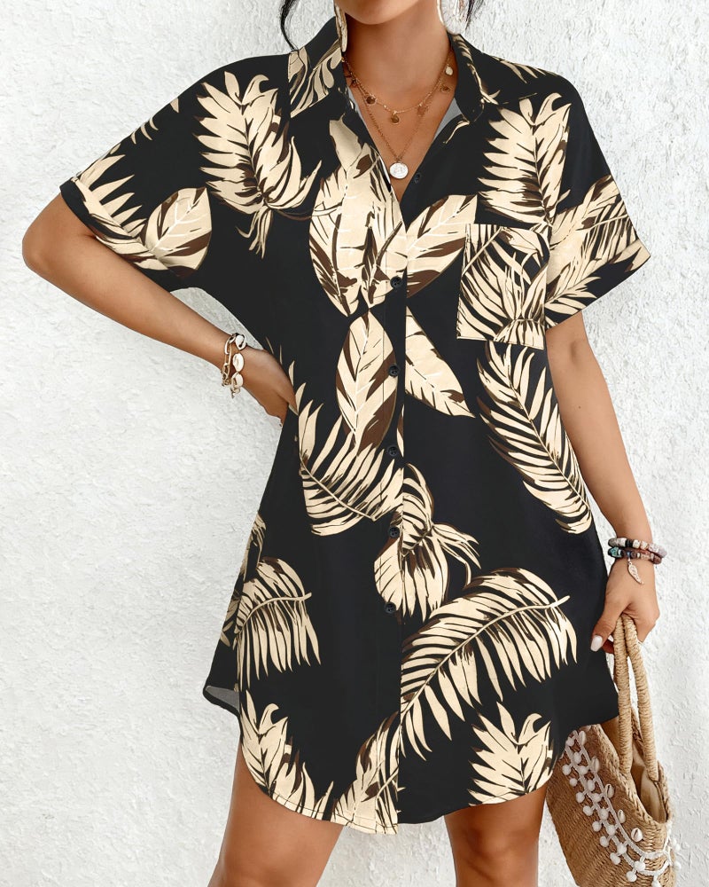 Bsubseach Women Swimsuit Coverup Shirt Dress Button Down Bathing Suit Cover Up Beach Vacation Outfits Leaf Print L - Image 3