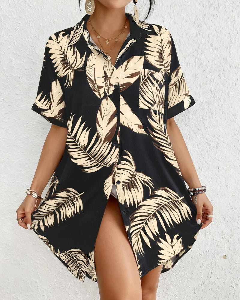 Bsubseach Women Swimsuit Coverup Shirt Dress Button Down Bathing Suit Cover Up Beach Vacation Outfits Leaf Print L - Image 4