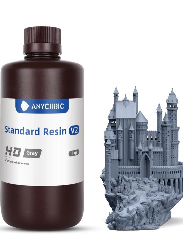 ANYCUBIC 3D Printer Resin, Upgraded 8K Standard Resin V2, Enhanced Toughness and Strength, Lower-Odor, High Precision 3D Printing Resin for All LCD Resin 3D Printers (HD Grey, 1kg)