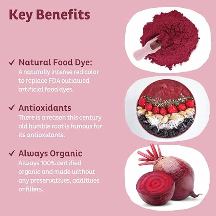 KOS Organic Beet Root Powder, USDA Certified - Superfood Plant Based Beetroot Ingredient for Stamina Increasing, Circulation - Non-GMO, Soy & Gluten-Free, 50 Servings Bag - Image 3