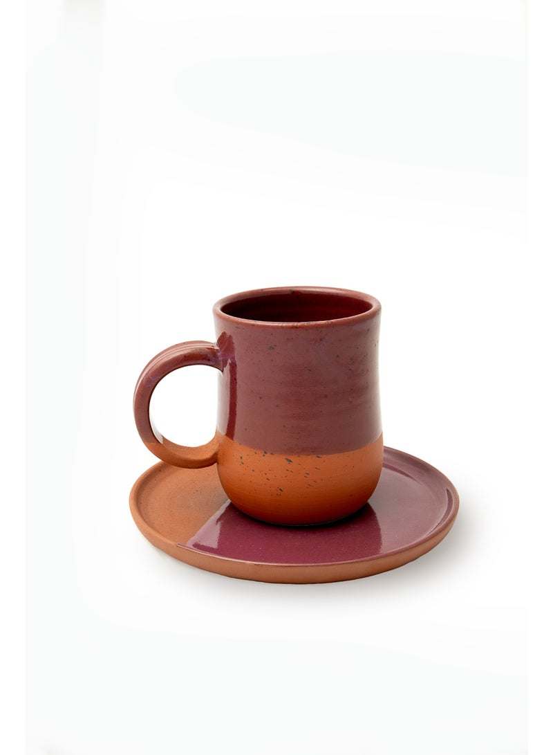 ارك طقم كوب وصحن من التيراكوتا مصنوع يدويًا من ARK (كوب مع صحن) | كوب قهوة/شاي ثنائي اللون بطلاء عنّابي مزجّج | أدوات شرب حرفية فاخرة للمنزل والمكتب - Image 2