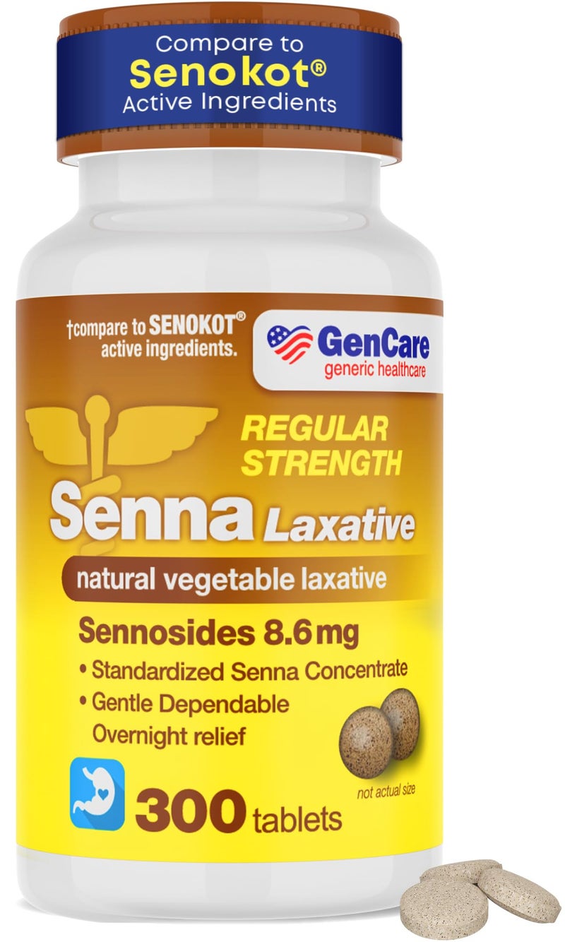 GenCare Senna Laxative 300 Tablets Senna 86mg Tablets with Natural Sennosides Laxatives for Constipation Bloating Gas Irregularity Relief Safe Effective Generic for Senokot
