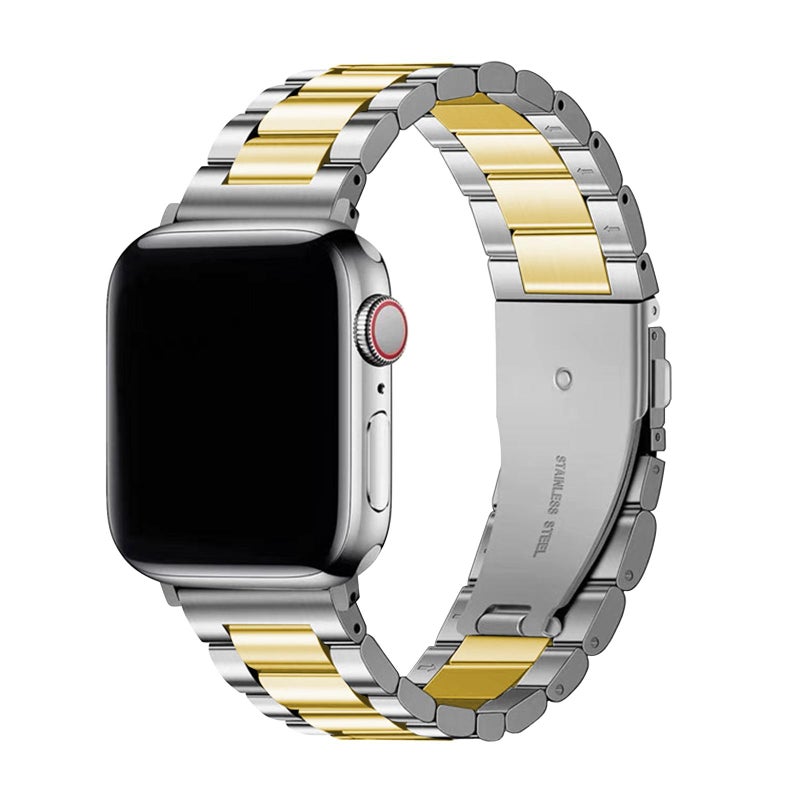 erorex For Apple Watch Series 38Mm Three Beads Stainless Steel Watch Band With 3D Curved Film(Silver Gold) - Image 2