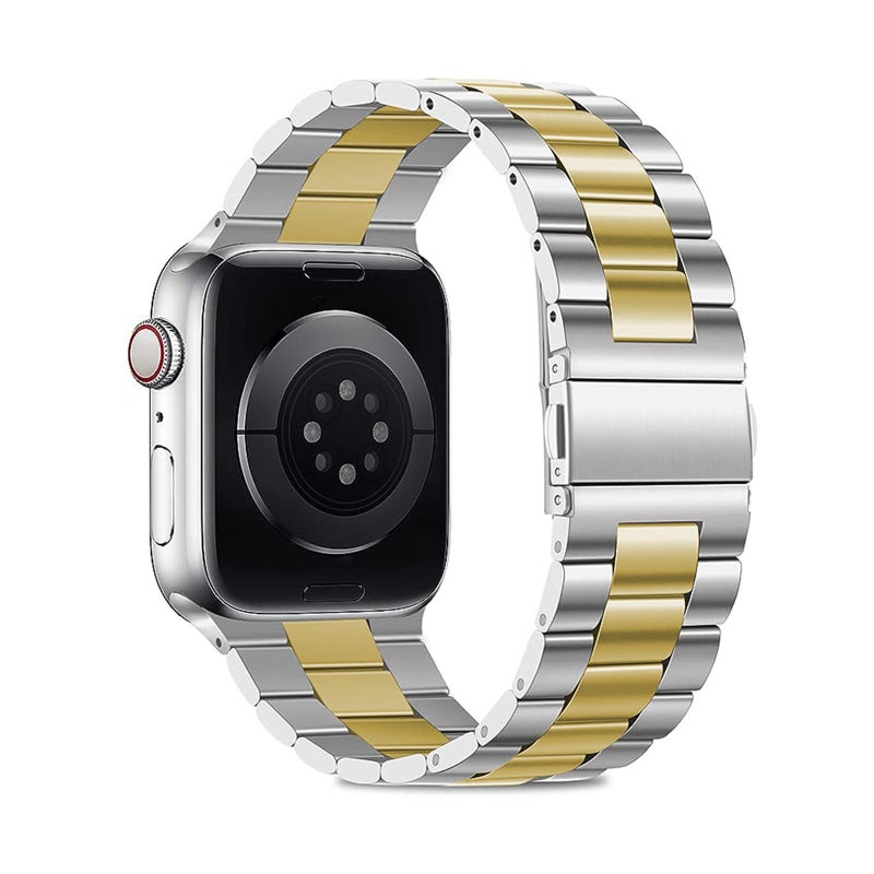 erorex For Apple Watch Series 38Mm Three Beads Stainless Steel Watch Band With 3D Curved Film(Silver Gold) - Image 3