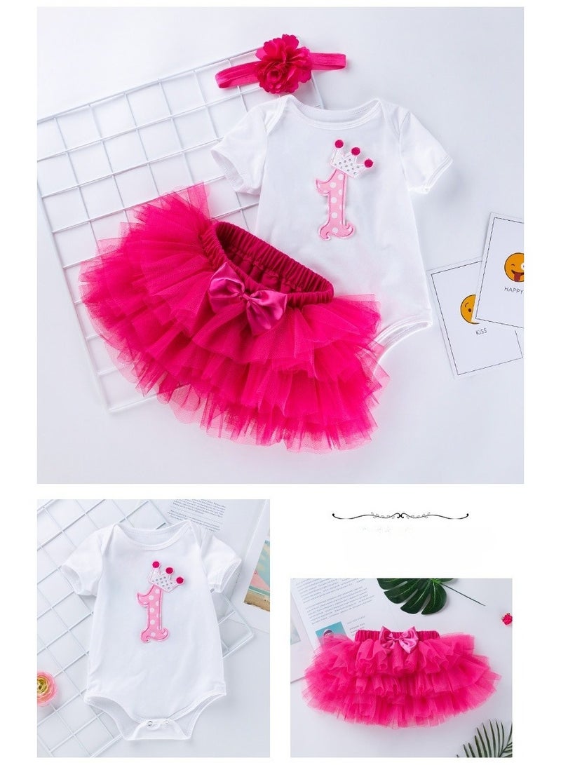 Baby Girl 1st Birthday Princess Dress Set – Pink Tulle Romper with Headband & Mesh Skirt, Newborn Baby Clothes, Baby Gift Set, Birthday Photoshoot Outfit – 6-12M - Image 4