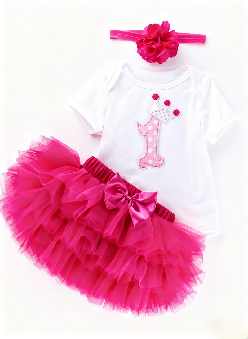 Baby Girl 1st Birthday Princess Dress Set – Pink Tulle Romper with Headband & Mesh Skirt, Newborn Baby Clothes, Baby Gift Set, Birthday Photoshoot Outfit – 6-12M - Image 1