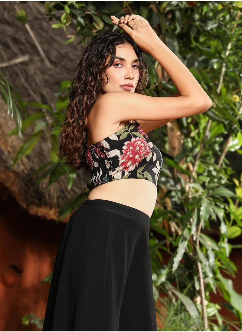 QISSA Women's Obsidian Black Botanica Flared Co-Ord Set