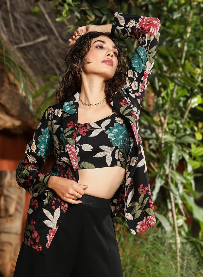  قصة Women's Obsidian Black Botanica Flared Co-Ord Set