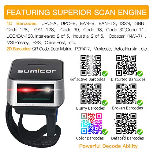 Sumicor Barcode Scanner 2D Bluetooth Wireless Ring Barcode Scanners, Portable Wearable Mini 1D & 2D Finger Bar Code Reader Work with Windows Mac OS iOS Android (2D) - Image 3