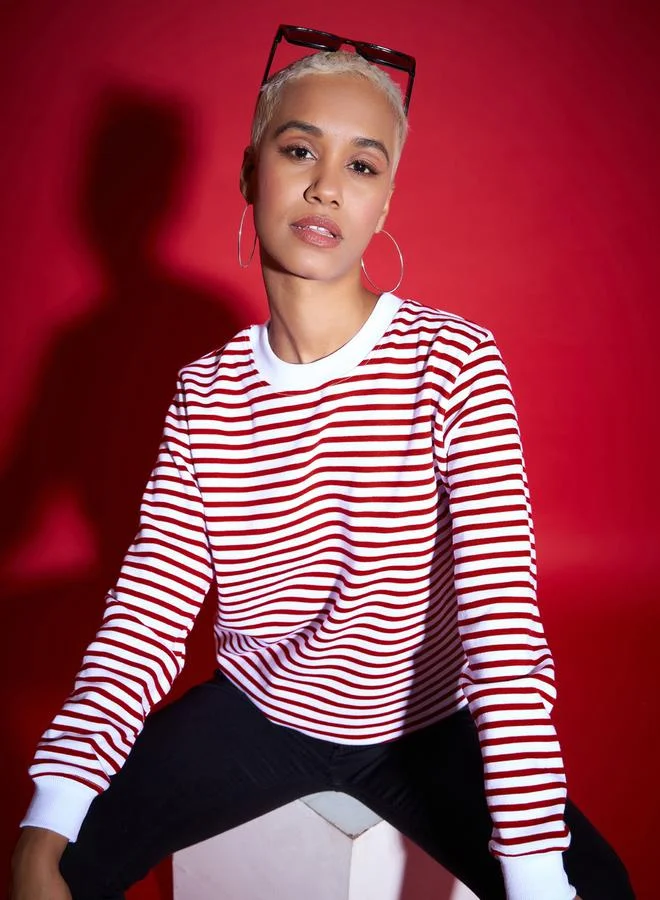 SASSAFRAS Regular Fit Striped Fleece Sweatshirt by Styli
