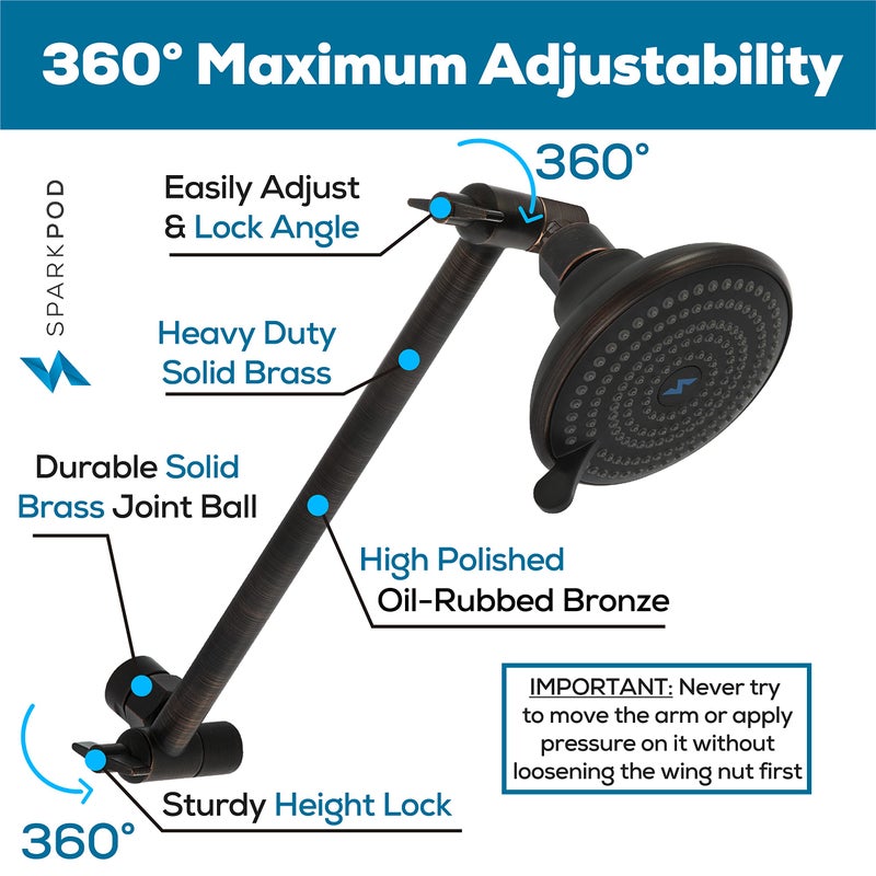 SparkPod 11" Solid Brass Shower Head Extension Arm - Flexible Height & Angle Adjustable Shower Arm Extension for Rain Showerheads with Sturdy Lock - Universal Pipe Connection (Oil-Rubbed Bronze) - Image 3