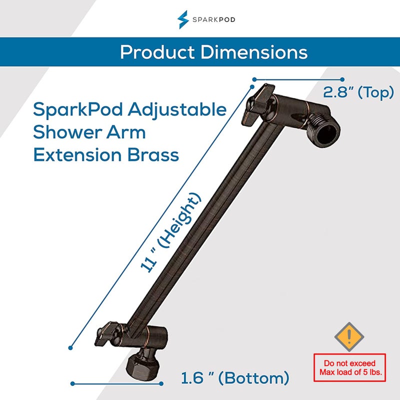 SparkPod 11" Solid Brass Shower Head Extension Arm - Flexible Height & Angle Adjustable Shower Arm Extension for Rain Showerheads with Sturdy Lock - Universal Pipe Connection (Oil-Rubbed Bronze) - Image 2