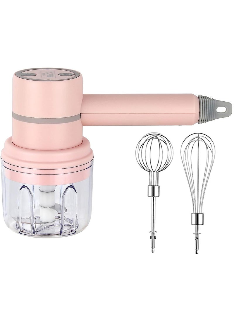 MileMelo - Electric Garlic Chopper Egg Beater Cordless Handheld Food Processor with 250ML Glass Container 3 Speed Adjustable Pink - Image 1