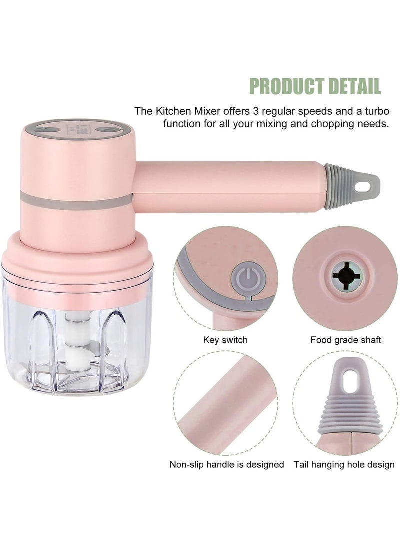 MileMelo - Electric Garlic Chopper Egg Beater Cordless Handheld Food Processor with 250ML Glass Container 3 Speed Adjustable Pink - Image 1