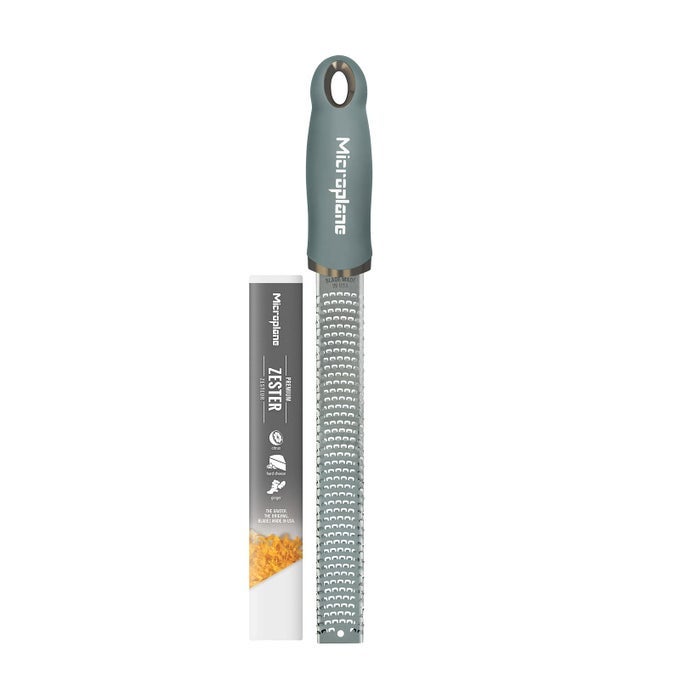 ZESTER GRATER IN EUCALYPTUS GREEN FOR CITRUS FRUITS HARD CHEESE GINGER CHOCOLATE AND NUTMEG WITH FINE STAINLESS STEEL BLADE MADE IN USA