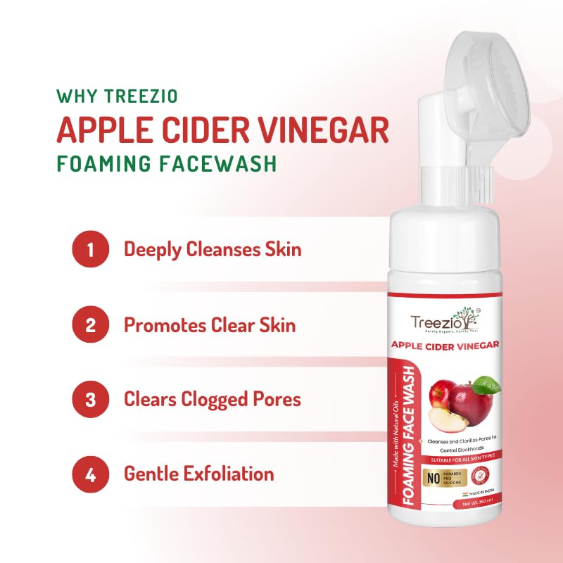 Treezio Apple Cider Vinegar Foaming Face Wash Builtin Brush for Deep Cleansing Deep Cleansing Pore Refining No Silicones No Paraben For Men Women Pack of 2 150 ml Each - Image 2