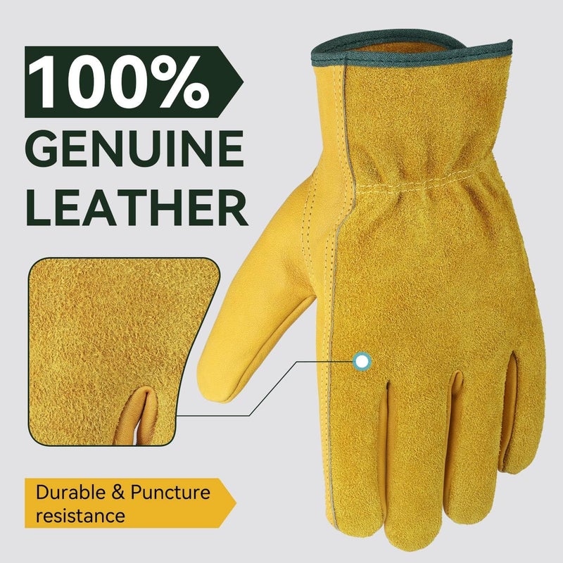 OZERO Professional Cowhide Leather Work Gloves - Durable & Puncture Resistant for Construction, Carpentry, Garden, Yard Working, Heavy Duty - Breathable & Dustproof for Hot Climate (Yellow, S) - Image 2