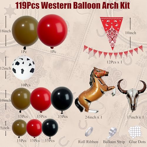 Ceeulvu Western Balloon Arch Kit Black Red Brown Cowboy Balloon Garland with Red Pennant Banner Cow Print Horse Bull Head Balloon for First Rodeo Birthday Country Western Party Decor - Image 5
