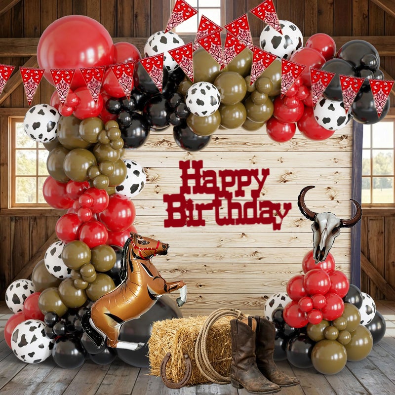 Ceeulvu Western Balloon Arch Kit Black Red Brown Cowboy Balloon Garland with Red Pennant Banner Cow Print Horse Bull Head Balloon for First Rodeo Birthday Country Western Party Decor - Image 3