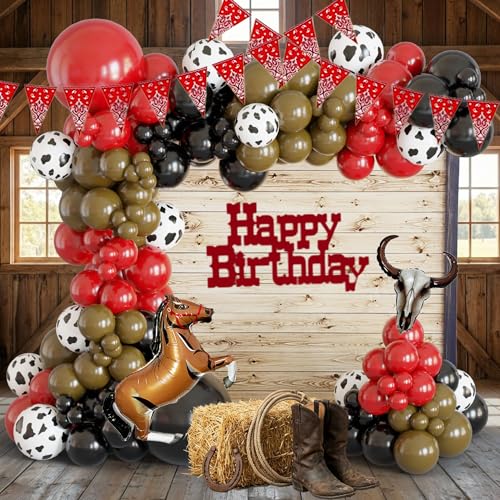 Ceeulvu Western Balloon Arch Kit Black Red Brown Cowboy Balloon Garland with Red Pennant Banner Cow Print Horse Bull Head Balloon for First Rodeo Birthday Country Western Party Decor - Image 1