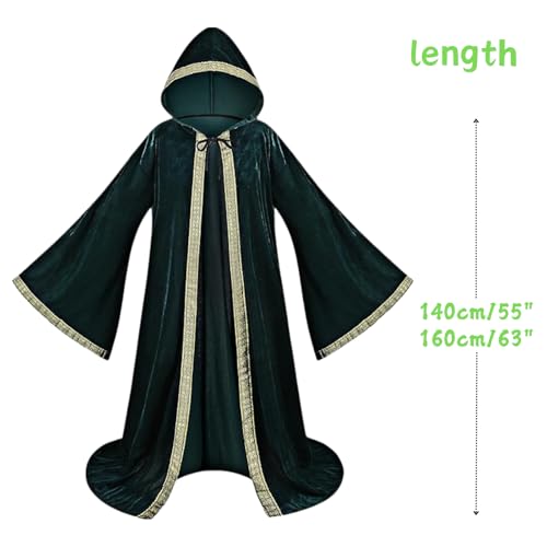 TOONRAIN Velvet Wizard Hooded Robe for Adult, Medieval Cape Renaissance Cloak for Men Women Halloween Costume (Green,140cm) - Image 2