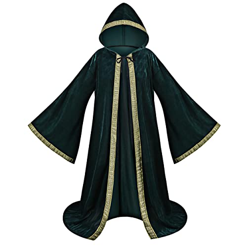 TOONRAIN Velvet Wizard Hooded Robe for Adult, Medieval Cape Renaissance Cloak for Men Women Halloween Costume (Green,140cm) - Image 1