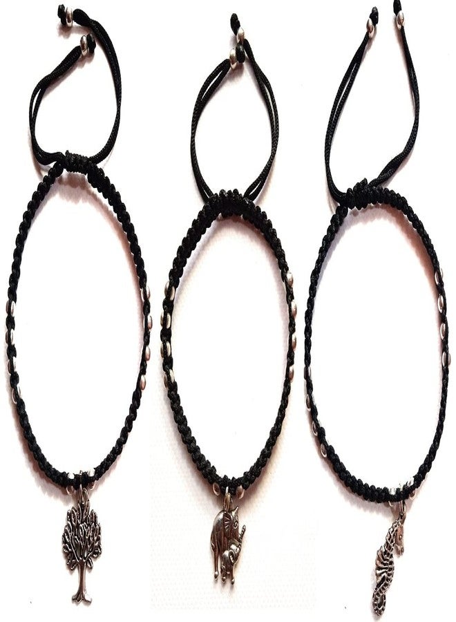 Jyokrish Handmade Adjustable Black thread Metal hanging Tree, Elephant,Sea horse, Sun, Queen elizabeth Anklet For Women | girls | Nazariya |Payal |Free Size | Pack of 5 - Image 2