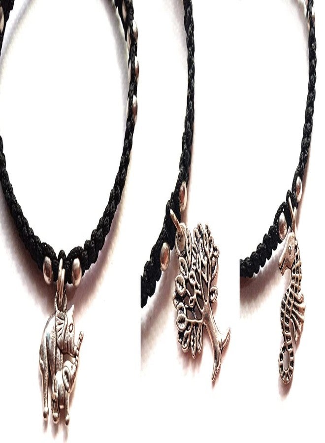 Jyokrish Handmade Adjustable Black thread Metal hanging Tree, Elephant,Sea horse, Sun, Queen elizabeth Anklet For Women | girls | Nazariya |Payal |Free Size | Pack of 5 - Image 3