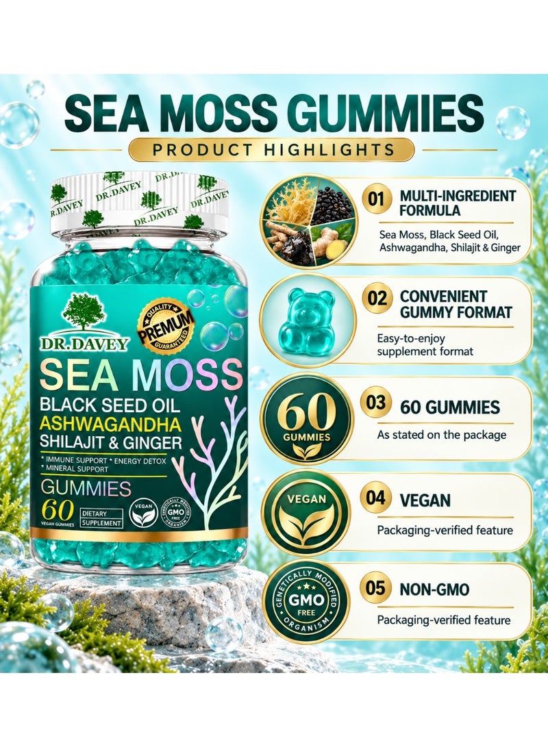 DR. DAVEY DR.DAVEY Sea Moss Gummies with Black Seed Oil, Ashwagandha, Shilajit & Ginger, Vegan, Non-GMO, 60 Count - Image 3